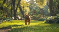 An overweight dog starting its fitness journey with a gentle walk in a lush green park, with motivational signs for