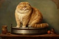 Overweight Fat cat standing on scales. Generate Ai Royalty Free Stock Photo