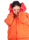 Overweight, fat woman in boxing gloves Royalty Free Stock Photo