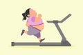 An overweight fat woman running on treadmill. Weight loss and anti-obesity. Vector illustration