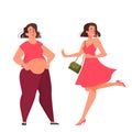 Overweight girl change her body shape into thin. Idea of