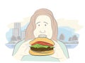 Overweight girl eats hamburger. healthy food. obesity. vector illustration.