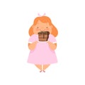 Overweight girl with a piece of chocolate cake, cute chubby child cartoon character vector Illustration on a white