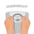 Overweight human with fat feet on scales isolated on white.