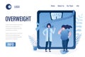 Overweight landing page template. Female doctor and fat woman on scales, measuring tape