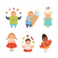 Overweight Little Children with Extra Body Fat Overeating Unhealthy Food Vector Set