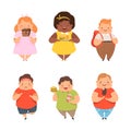 Overweight Little Children with Extra Body Fat Overeating Unhealthy Food Vector Set