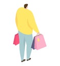 Overweight man carrying shopping bags, dressed in casual clothes. Conceptual for consumerism, retail therapy. Vector