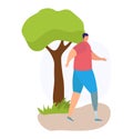 Overweight man exercising beside a tree, wearing casual sportswear. Individual committing to fitness and outdoor workout Royalty Free Stock Photo