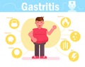 Overweight man with gastritis Symptoms of the disease Vector. Cartoon. Isolated