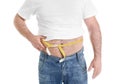 Overweight man with large belly and measuring tape isolated on white Royalty Free Stock Photo