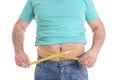 Overweight man with large belly and measuring tape isolated on white Royalty Free Stock Photo