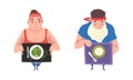 Overweight Man and Woman Character Having Healthy Diet with Tray and Greenery on Plate Vector Set Royalty Free Stock Photo