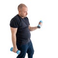 Overweight middle aged man with dumbbells. Isolated on no white background