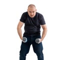Overweight middle aged man with dumbbells. Isolated on no white background