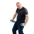 Overweight middle aged man with dumbbells. Isolated on no white background