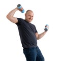 Overweight middle aged man with dumbbells. Isolated on no white background