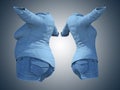 Overweight obese female jeans shirt vs slim fit healthy body after weight loss or diet thin young woman on blue Royalty Free Stock Photo