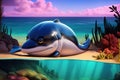 Overweight obese smiling whale cute fat animal illustration generative ai
