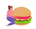 Overweight obese woman eating a big burger fast food addiction concept