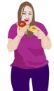Overweight obese woman eating donuts and dreaming of fit and slim bodyof