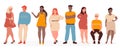 Overweight people vector illustration, cartoon flat woman man model characters wearing casual clothes standing in row