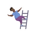 Overweight person climbing up ladder, plus size character stumbling