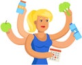 Multitask woman with different weight losing symbols. Girl with many hands coping with multitasking