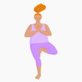Overweight red head girl doing yoga at home in self isolation. Body positive woman in a tracksuit is standing in a tree pose. Royalty Free Stock Photo