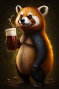 Overweight red panda holding a glass of beer illustration in cartoon style. Generative AI