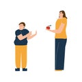 Overweight son refuses healthy dietary food for mother. Food picky child. Childhood obesity concept. Vector illustration in flat