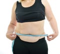 Overweight unhappy young woman measuring her waist, isolated over white background. Overeating xxl size woman Royalty Free Stock Photo