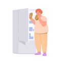 Overweight woman character eating sandwich standing front of opened refrigerator isolated on white Royalty Free Stock Photo