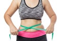 Overweight woman check out his body fat with green measuring tape for obesity on gray background Royalty Free Stock Photo