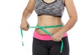 Overweight woman check out his body fat with green measuring tape for obesity on gray background Royalty Free Stock Photo