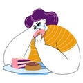 overweight woman is crying and eating a donut