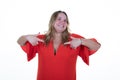 overweight woman curvy portrait blonde self proud positive and casual pointing to red chest with finger hands