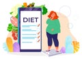 Overweight woman on diet, healthy eating, obesity danger, health care, healthcare concept, cartoon style vector