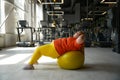 Overweight woman doing crunches exercise on fitness ball at gym Royalty Free Stock Photo