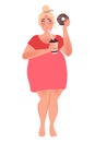 A girl with a curvaceous body drinks coffee and holds a sweet donut. Overweight, obesity, dietetics. Fashion size plus. Vector gra