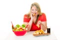 Overweight woman eating unhealthy junk food