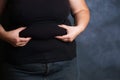 Overweight woman hands touching belly fat. Royalty Free Stock Photo