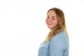 Overweight woman laughing smiling happy cheerfully with friendly and positive attitude on white background studio portrait Royalty Free Stock Photo