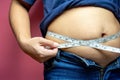 Overweight woman measuring her fat belly, Overweight fat woman, Weight losing, obesity, cellulite, health care concept Royalty Free Stock Photo