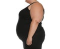 Overweight woman posing on white, closeup