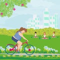 Overweight woman ride on bike Royalty Free Stock Photo