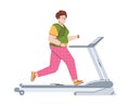 Overweight woman running on treadmill flat cartoon vector illustration isolated.