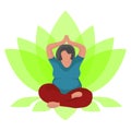 Overweight woman sitting in lotus position. Yoga for girls plus size. Happy body positive concept .