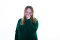 overweight woman smile looking up happy enjoy friendly laughing portrait in positive attitude in white background