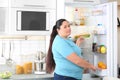 Overweight woman taking sandwich from refrigerator in kitchen Royalty Free Stock Photo